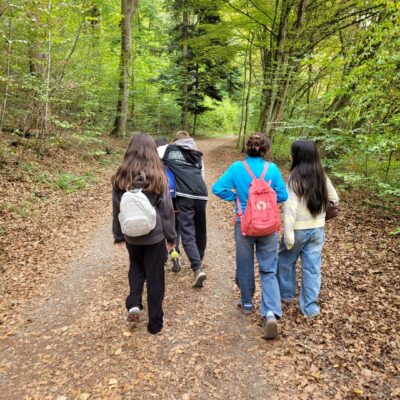 Mehrere Schülerinnen und Schüler laufen auf einem Waldweg